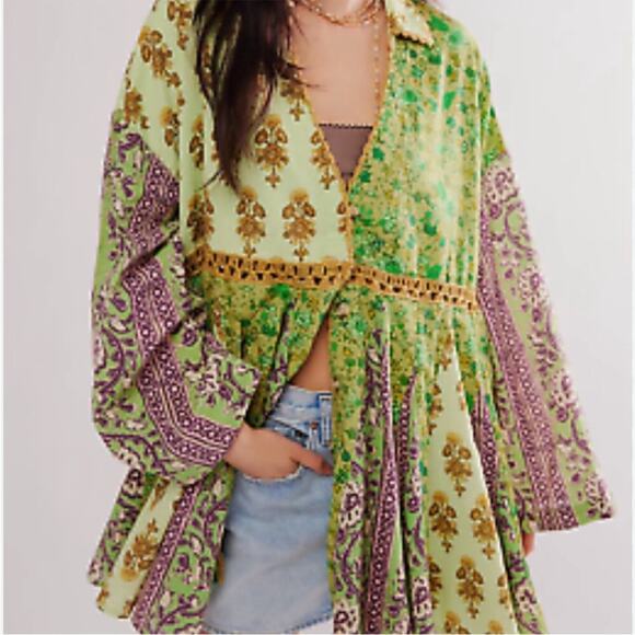 NEW Free People Hazy Baby printed boho swing mini dress tunic top in Sweet Mint - Picture 1 of 15